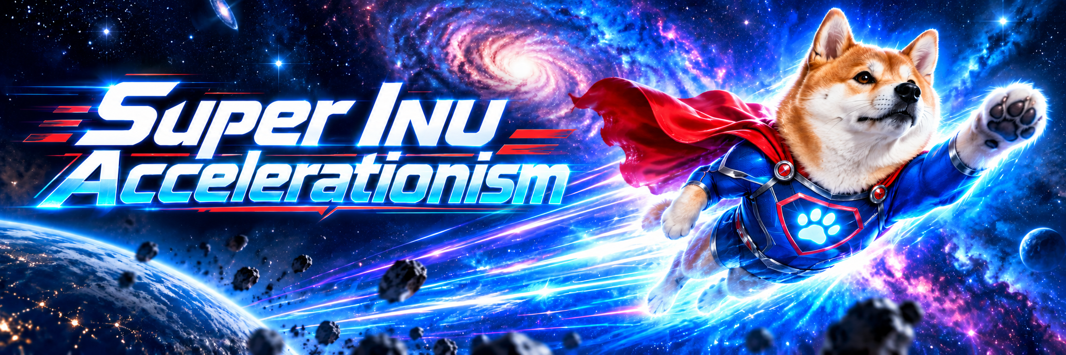 Super Inu Accelerationism banner: a caped inu flying across a cosmic sky